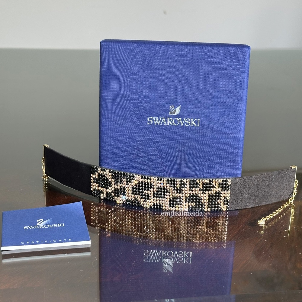 Swarovski Crystal Gold Leopard Print Spotted Black Leather Thick Choker Necklace